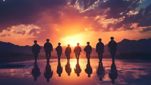 Silhouetted figures walk across reflective water at sunset