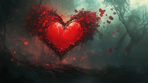 Luminescent Heart Form in Desolate Forest Landscape.