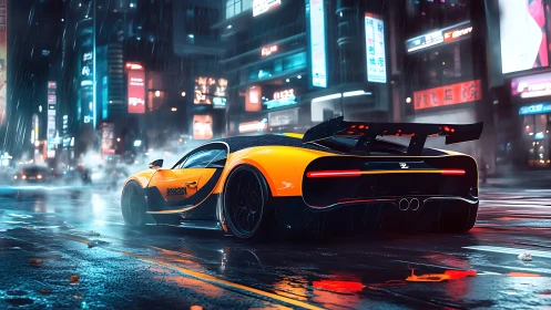 Midnight supercar glides through neon soaked city streets