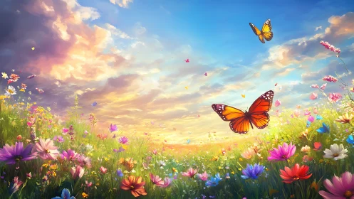 Butterflies over wildflower meadow under vivid sunset sky.