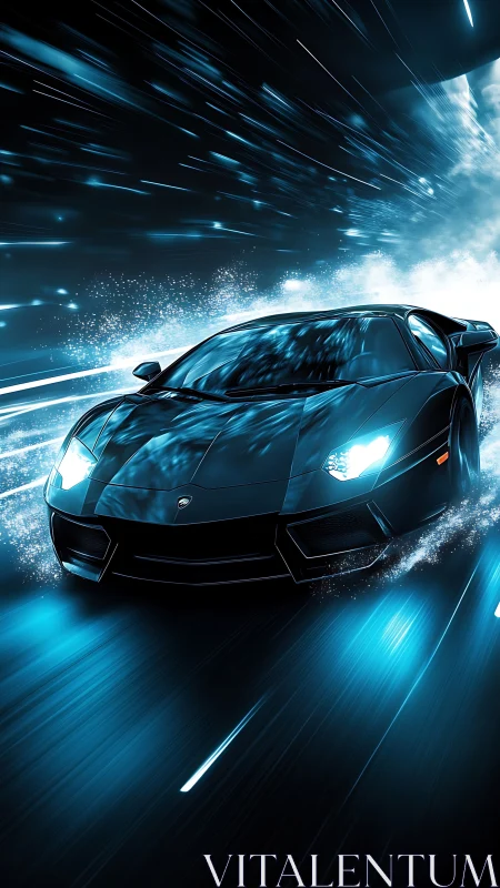 Black sports car on wet road with blue light trails at night.