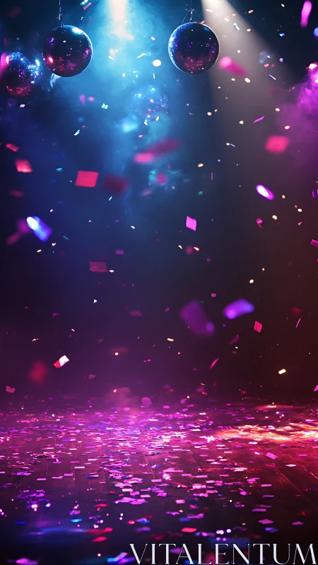Disco confetti storm under vibrant magenta blue stage lights.