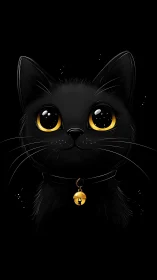 Black feline with golden eyes and bell collar.