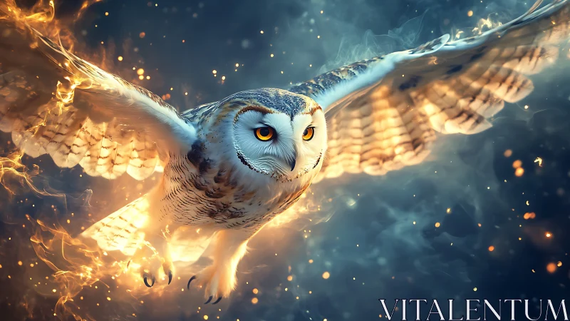 Owl rendered mid-flight with luminous wings and embers