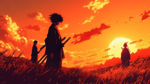 Three lone samurai stand in burning orange sunset field