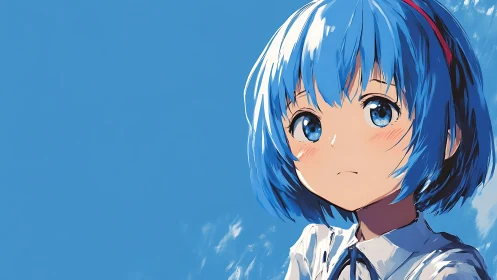 Blue haired anime girl gazes upward against clear sky