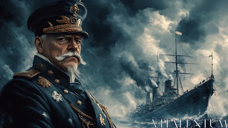 Naval admiral stands before warship in storm-tossed sea