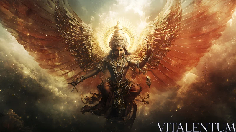 Winged deity figure centered within luminous cloud field