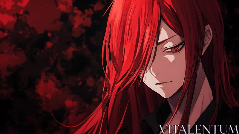 Brooding crimson gaze beneath storm-tangled scarlet hair.