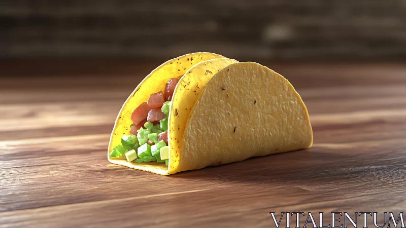 3D taco shells with diced filling on wooden table surface.