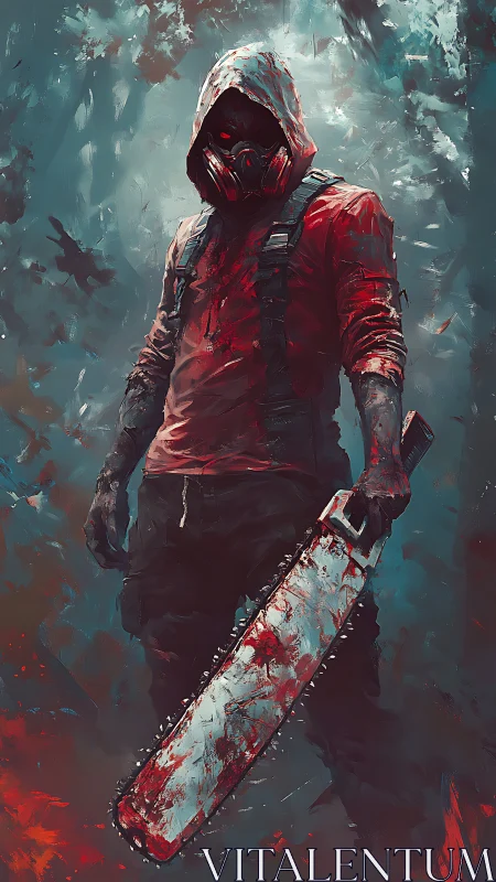 Hooded masked figure holding bloody chainsaw in forest