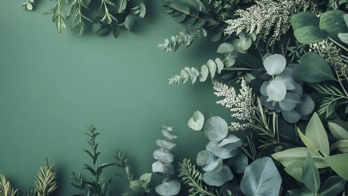 Green foliage border on solid background, top view layout.