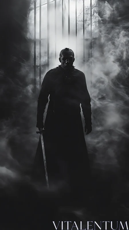 Mysterious masked warrior emerges through swirling fog.