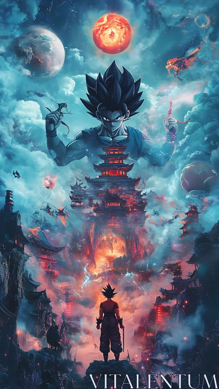 Saiyan warrior faces burning sky temple in stormy clouds
