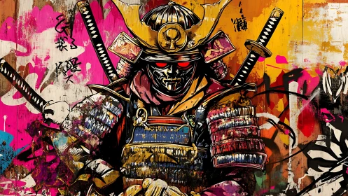Cyber samurai dominates neon graffiti battlefield wall.