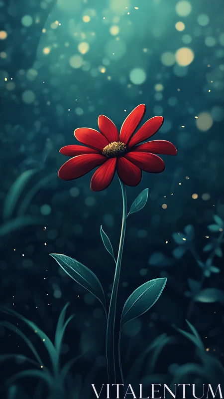 Single red flower stands against defocused teal background