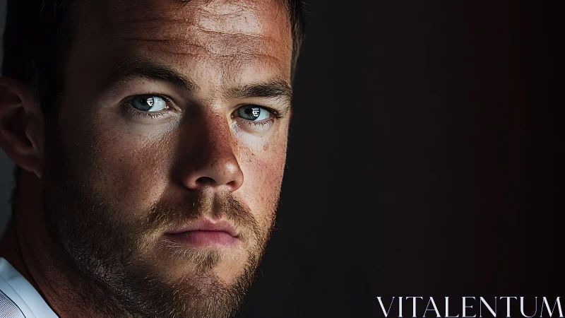 Photorealistic low-key male portrait in tight close-up profile.