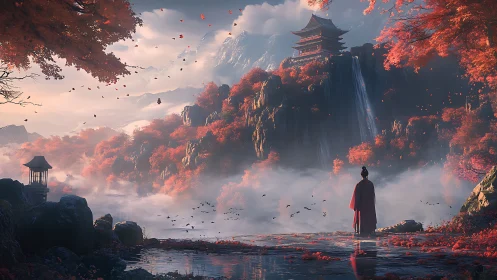 Serene autumn temple above misty falls and quiet wanderer.