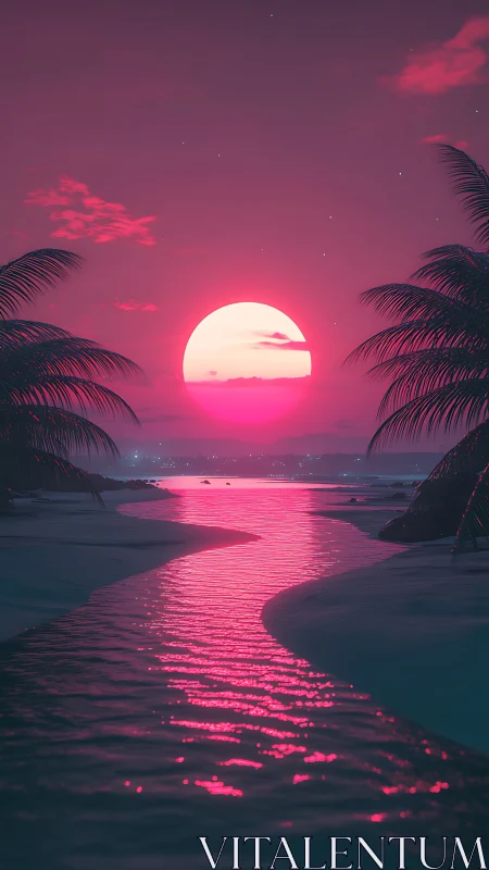Dreamy neon sunset flows along a calm tropical shoreline