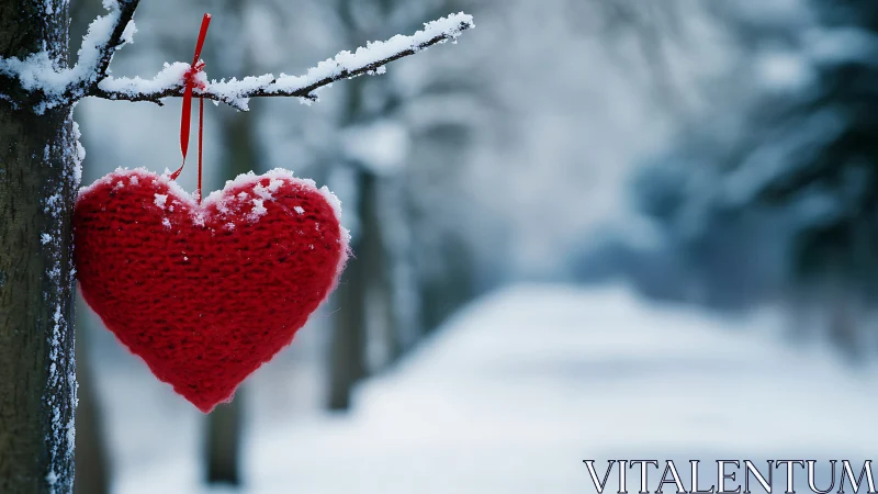 Red knit heart ornament suspended from frosted branch.