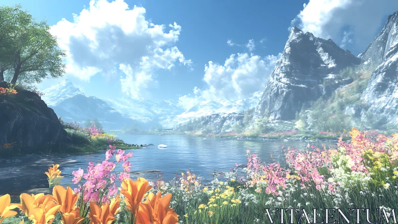 Blooming alpine lake beneath towering snowlit peaks.