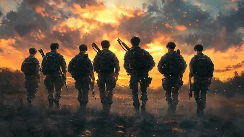 Soldiers walking in formation under a dramatic sunset sky.