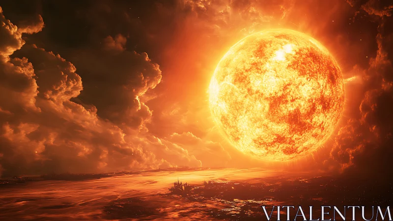 Star-born inferno over a molten horizon of ember clouds.