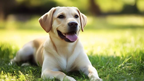 Sunny park portrait of relaxed yellow Labrador dog resting.