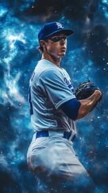 Baseball pitcher stands poised amid swirling cosmic nebula.