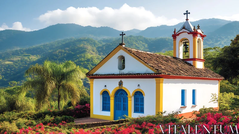 Small hillside church with mountains and tropical vegetation.