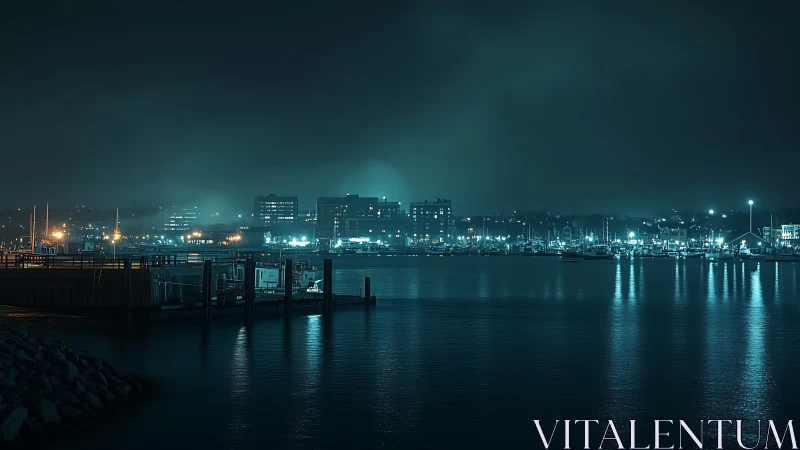 Nocturnal waterfront skyline under cyan vapor-lit haze.
