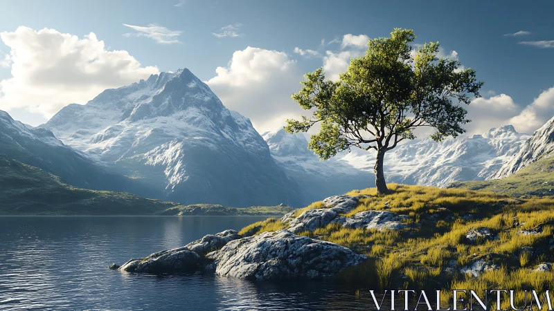 Solitary lakeside tree quietly outshines the towering peaks