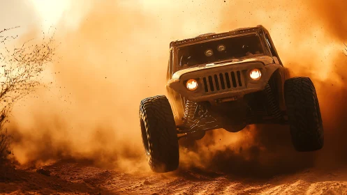 Off-road utility vehicle on dirt track in dense dust cloud.