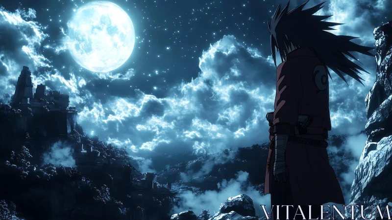 Solitary figure observes illuminated moonlit valley scene