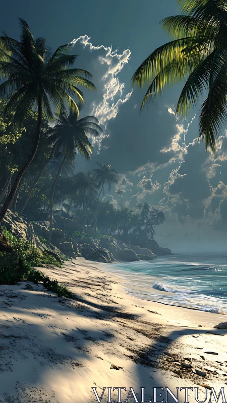 Tropical Shoreline with Dramatic Sky and Palm Silhouettes.
