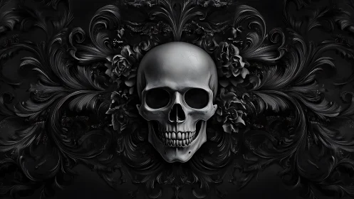 Human skull centered in dark ornamental floral relief.