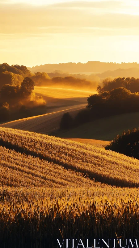 Golden sunrise light streams across layered rural fields