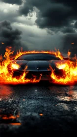 Sports car engulfed in flames on wet asphalt roadway.