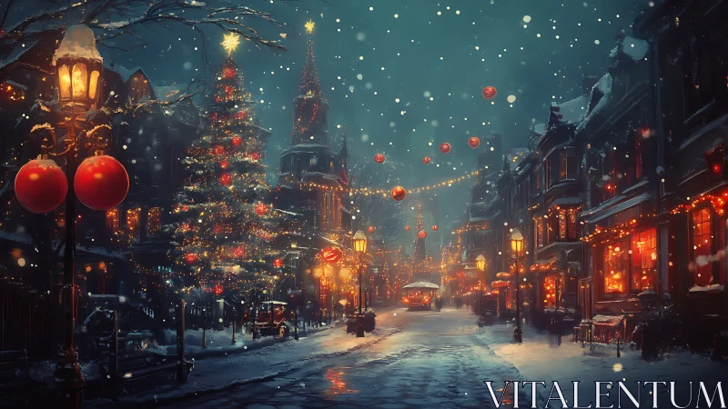 Snowy Christmas street glows with warm festive lantern light.
