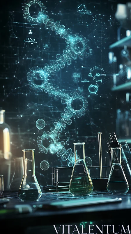 Holographic DNA helix over analytical chemistry workbench.