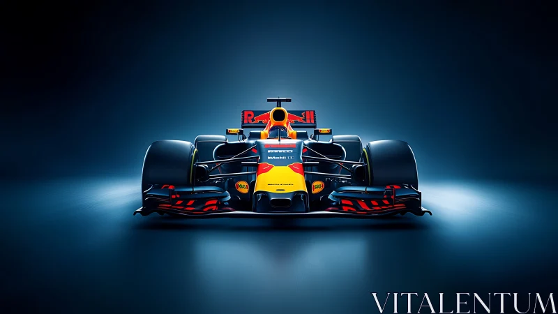 Front view of single seat racing car on dark studio background.