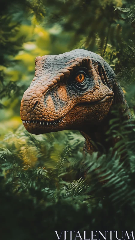 Predatory dinosaur head emerging from dense jungle ferns.
