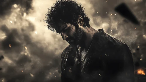 Brooding warrior stands amid burning embers and smoke.