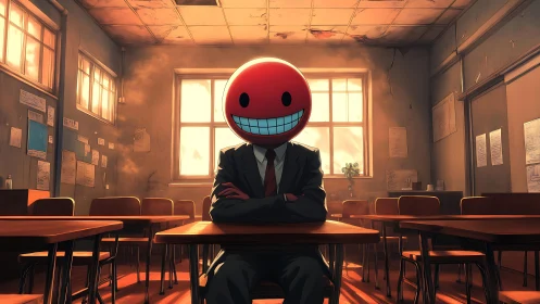 Grinning red sphere-headed figure in ruined classroom scene.