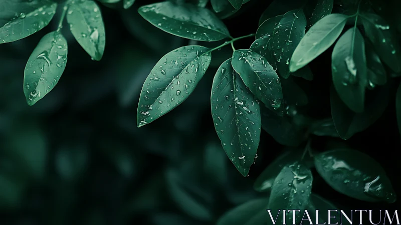 Macro botanical study of rain-dappled evergreen foliage.