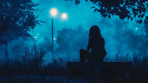Silhouette of person on bench in blue night park scene.