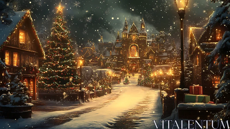 Snowy village street with illuminated Christmas decor.