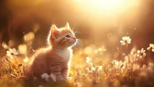 Kitten sits in backlit meadow and looks toward bright sunlight