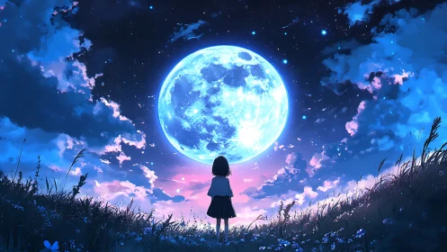 Moonlit meadow girl drinking in a colossal electric sky.