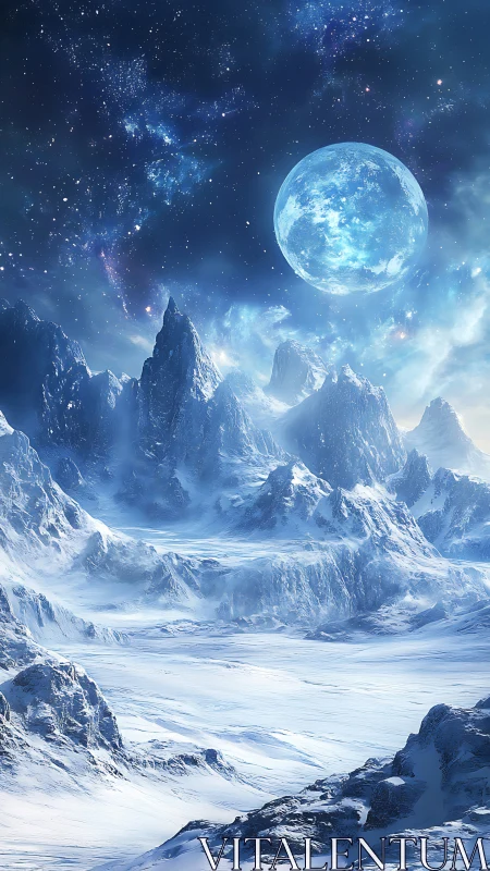 Frozen exoplanet ice range under luminous blue moonrise